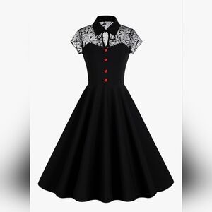 Chic Black Midi Dress with Red Button Detail